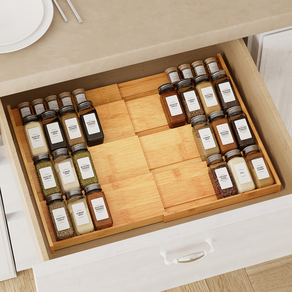 Compact Glass Spice Jar Set – clear reusable pantry storage, Expandable 4-Tier Bamboo Spice Drawer Organizer For Kitchen Cabinets Fits Drawers 3 Deep Adjustable, designed for American homes, daily convenience and practical gifting
