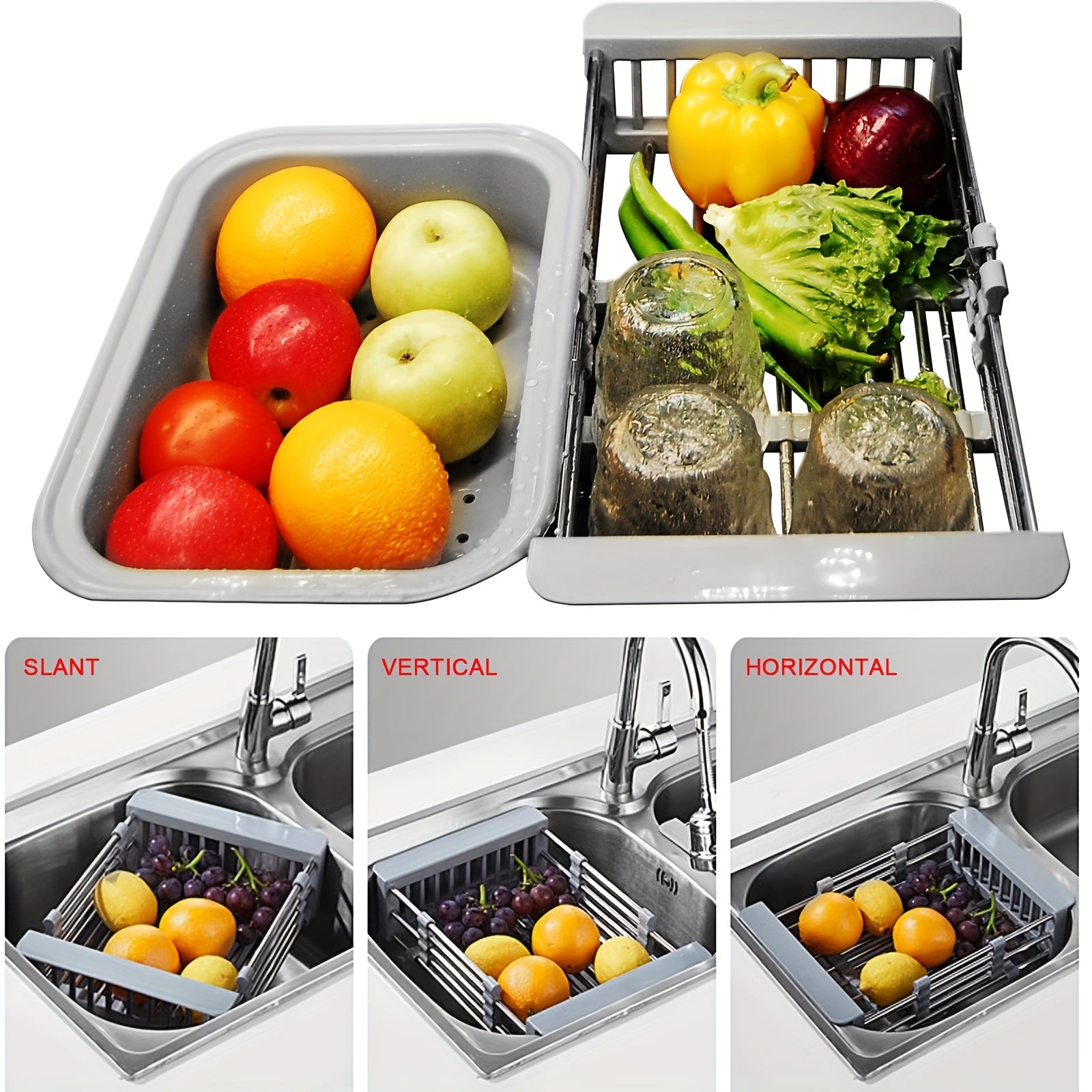 Kitchen Essential – Stainless Steel Retractable Drainage Basket, Kitchen Sink, Fruit And Vegetable Basket, Vegetable Rack, Household for Modern US Homes, easy meal prep and organization, Ver