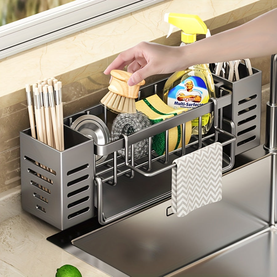 1pc Gray/Black Sink Caddy Sponge Holder for Kitchen Sink, Stainless Steel Rustproof, Bathroom Storage Basket, Kitchen Sink Caddy with Brush Holders, Chopstick Container, Kitchen Sink Organizer Dish Sponge Organizer with Dish Towel Rod