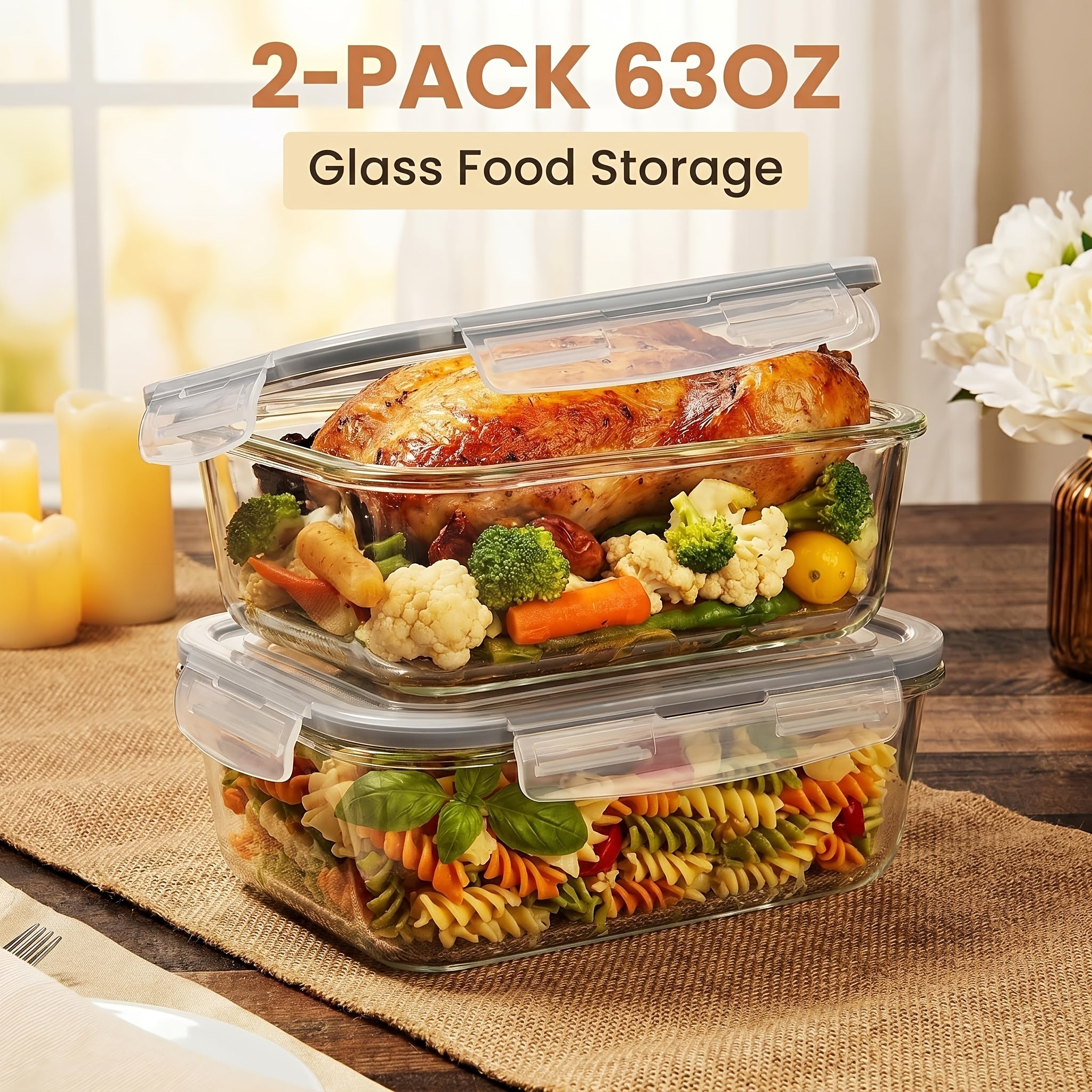 1860Ml/ 63Oz Large Glass Storage Containers with Lids, 2Pack Food & Dish Transport-Bus Tubs, Meal Prep Food Container Set with Snap Airtight Lid, Leak Proof, for Food Storage And Transportation