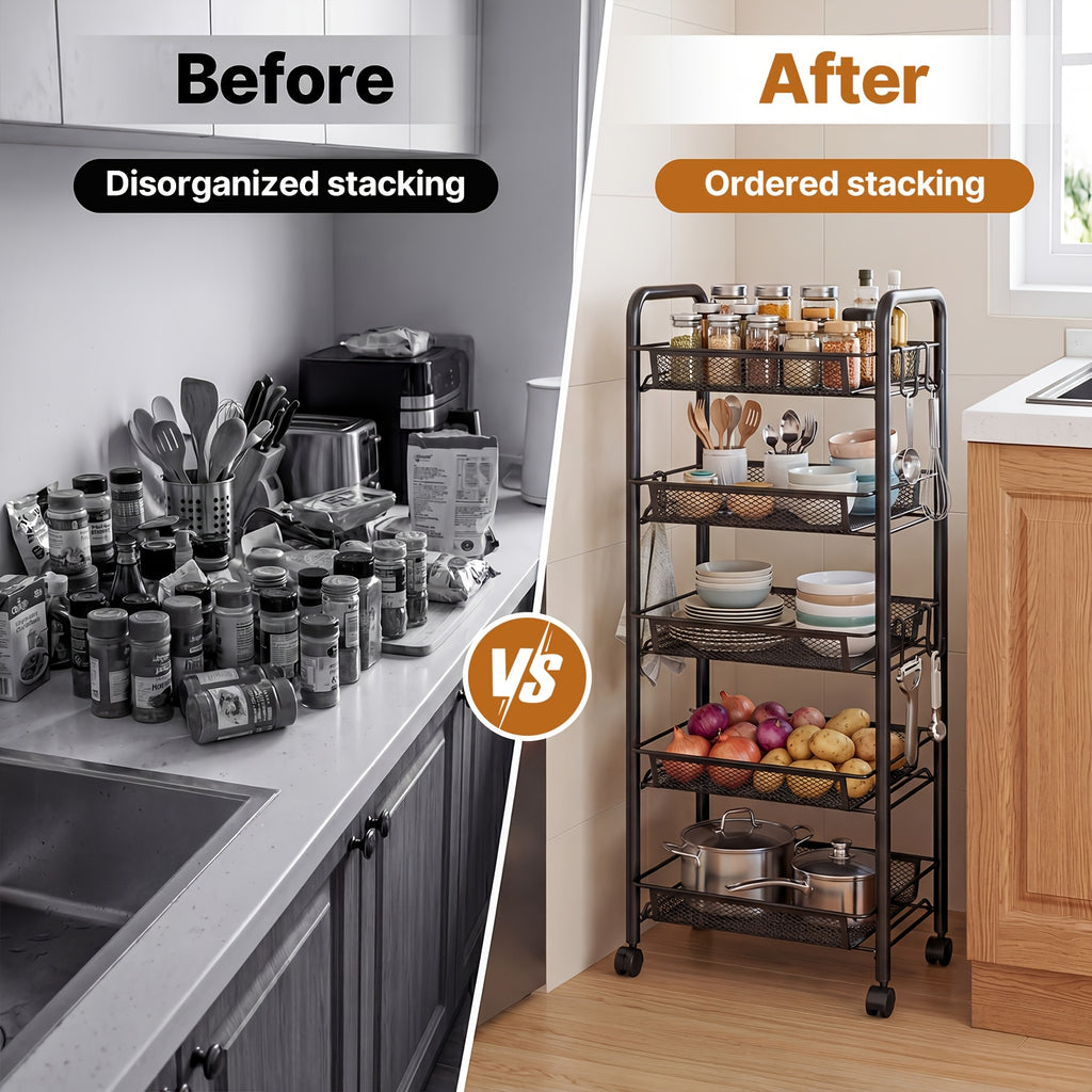 Versatile Adjustable Home Storage Rack – durable multi-purpose storage, Carbon Steel 5-Tier Rolling Storage Cart - Multi-Functional Easy to Use with Hooks Removable, designed for American homes, daily convenience and practical gifting