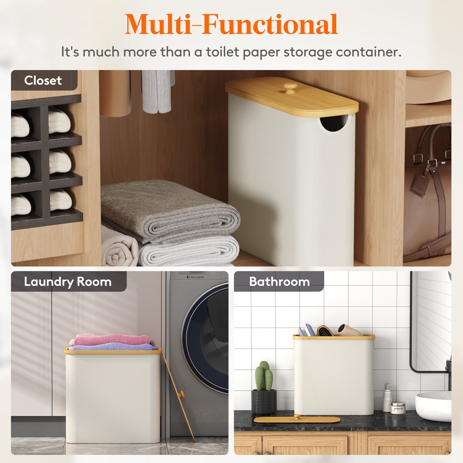 Heavy-Duty Stackable Home Storage Bins – portable space-saving storage, Free Standing Toilet Paper Holder Stand for Mega Rolls Toilet Paper Storage Bamboo Toilet, designed for American homes, daily convenience and practical gifting