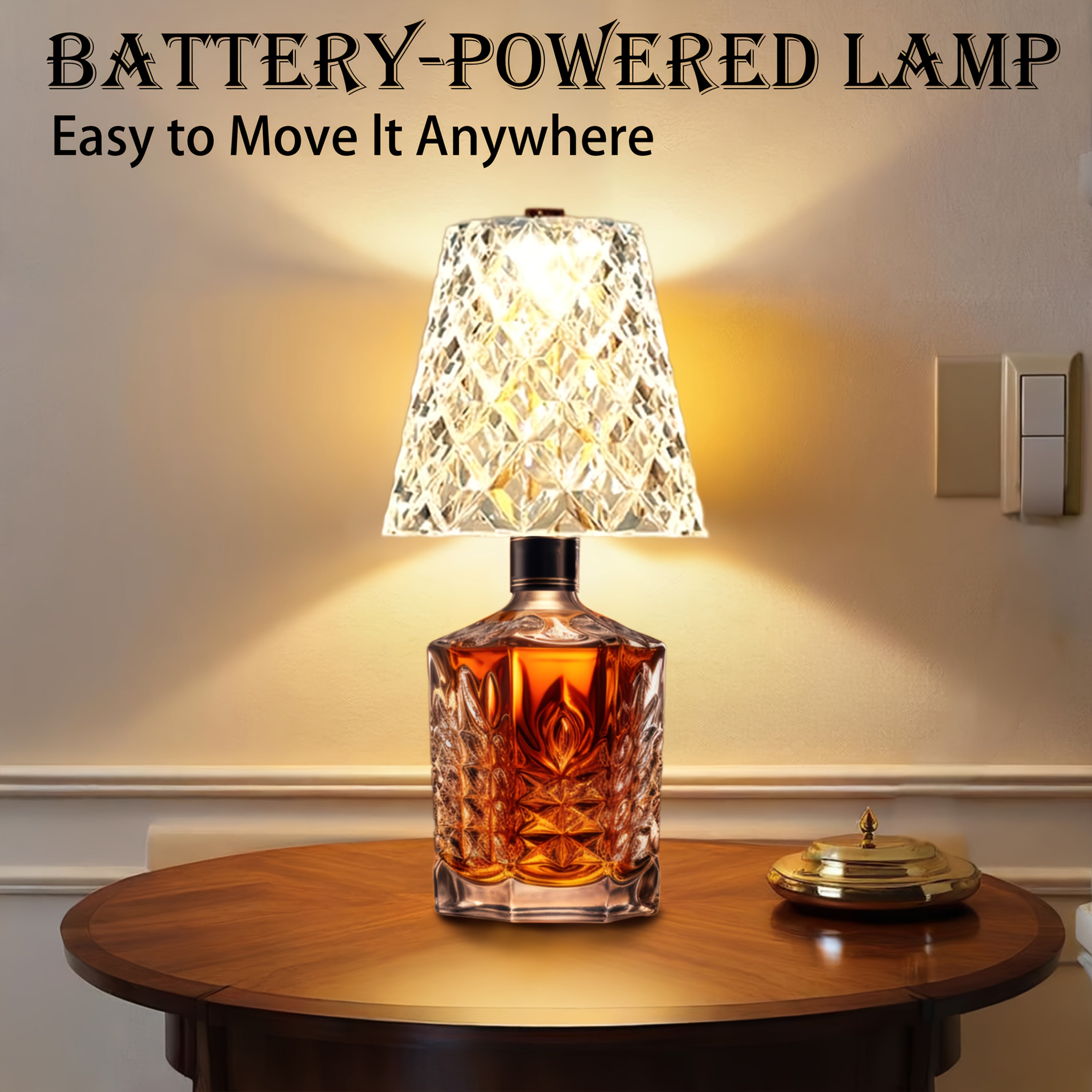 Ambient Home Decor – Crystal Clear Bottle Light, Table Lamp, Rechargeable LED Wine Lamp, Acrylic Lampshade, 2000Mah, 3 Colors, Bottle Lamp for Modern US Homes, relaxing room atmosphere, Vers