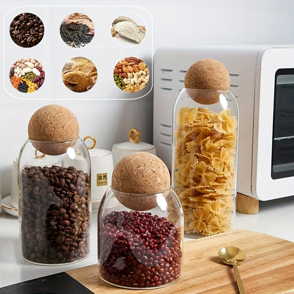 3pcs Glass Storage Container with Spherical Cork Stopper, 17 Oz/500Ml Glass Jar, Suitable for Kitchen Seasoning Container Set, Moisture Resistant for Kitchen Tidying And Storage, Ramadan, Valentine'S Day, Thanksgiving