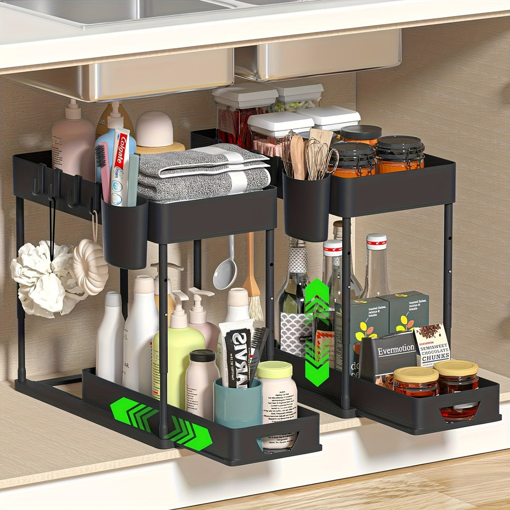 Compact 1pc Stackable Home Storage Bins – portable space-saving storage, 1pc Under Sink Organizer 2-Tier Sliding Cabinet Basket Organizer with Hooks Multifunctional Under Sink, designed for American homes, daily convenience and practical gifting