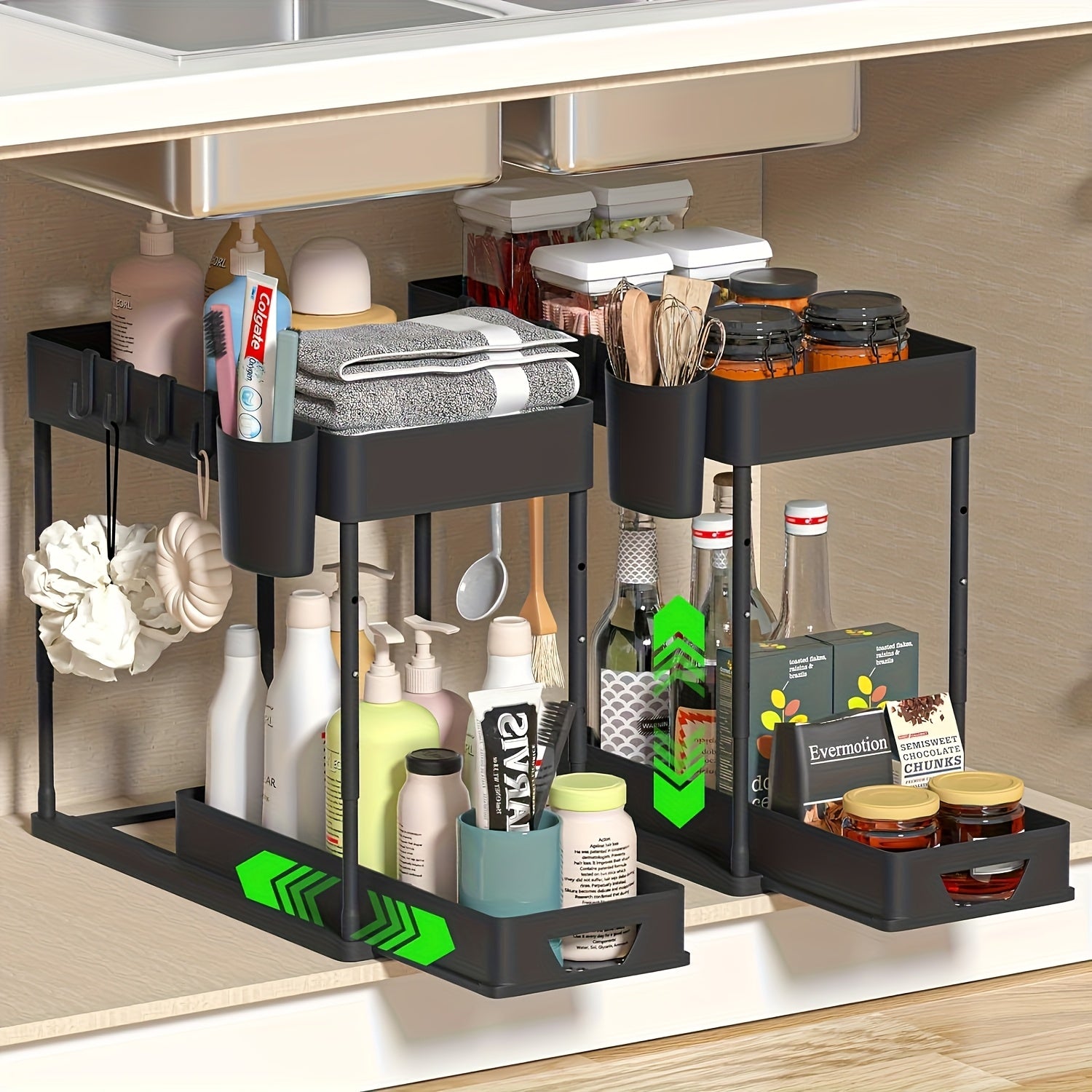 Compact 1pc Stackable Home Storage Bins – portable space-saving storage, 1pc Under Sink Organizer 2-Tier Sliding Cabinet Basket Organizer with Hooks Multifunctional Under Sink, designed for American homes, daily convenience and practical gifting