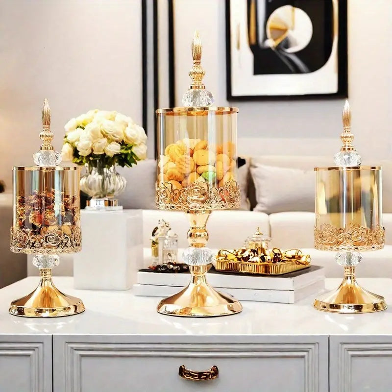 Easy-Access 2pcs Airtight Storage Jar Set – clear reusable pantry storage, 2pcs Vintage Elegant Glass Candy Dish with Lid Golden Crystal Jar for Candy Buffet, designed for American homes, daily convenience and practical gifting