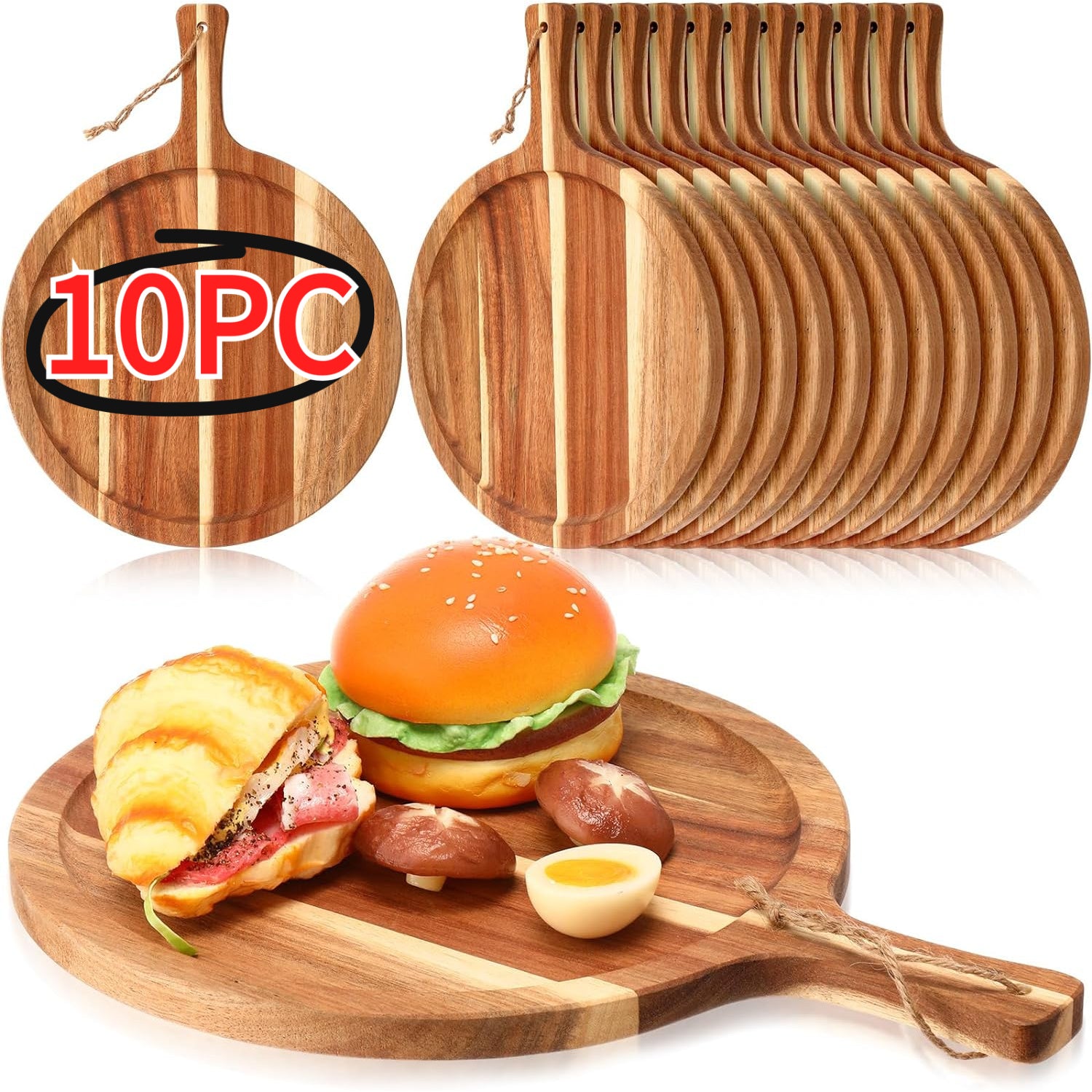 Home Living Essential – durable food prep and serving, 10 5pcs Round Wooden Cutting Boards with Handles Wo