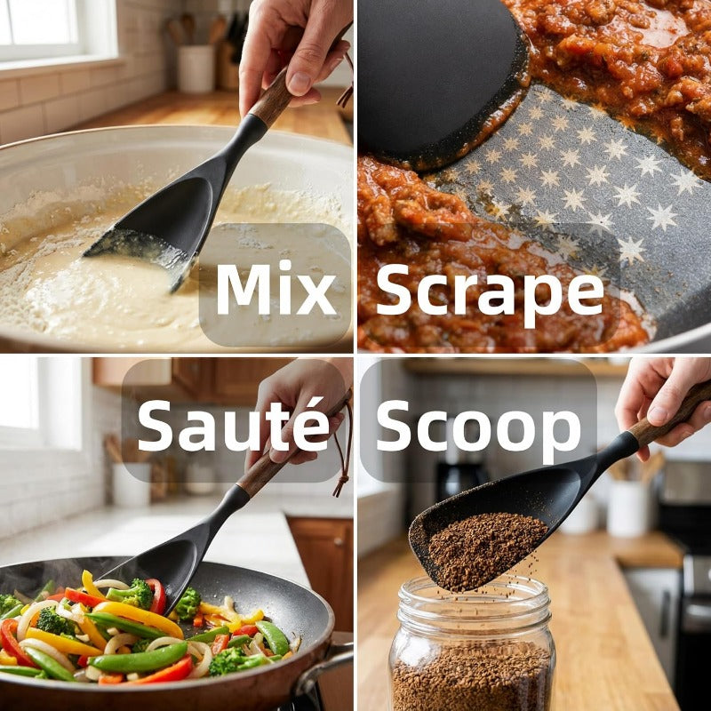 Kitchen Essential – 2pcs Cooking Spoon Set, Suitable for Non-stick Pans, 12-inch Silicone Spoon And Spatula with Wooden Handle, Used for Cooking, Serving, Mixing, Scooping And Scraping, Blac