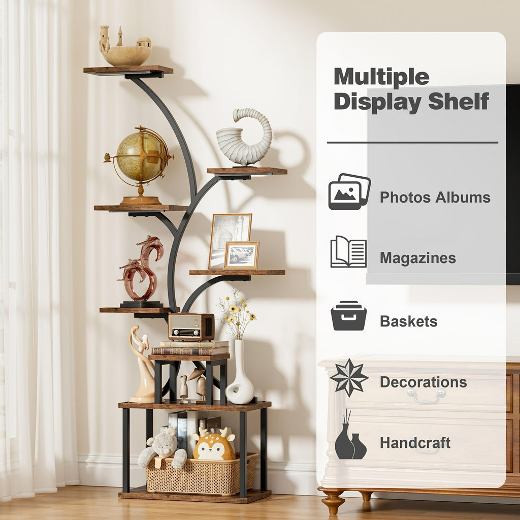 1pc Bookcase with LED Lights, 8-tier Corner Display Stand, 61.5" Multi-functional Metal Display Shelf for Plants, Handicraft, Tree-shaped Plant Shelf for Living Room, Study, Bedroom, Balcony, Entrance, Home Decor, Good Gift Choice