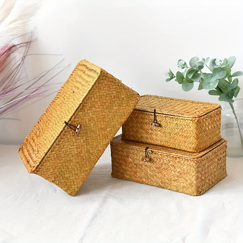 Easy-Access 3pcs Adjustable Home Storage Rack – durable multi-purpose storage, 3pcs Handwoven Rattan Storage Basket Set with Lattice Lid Label-Friendly - Natural Woven Wicker, designed for American homes, daily convenience and practical gifting
