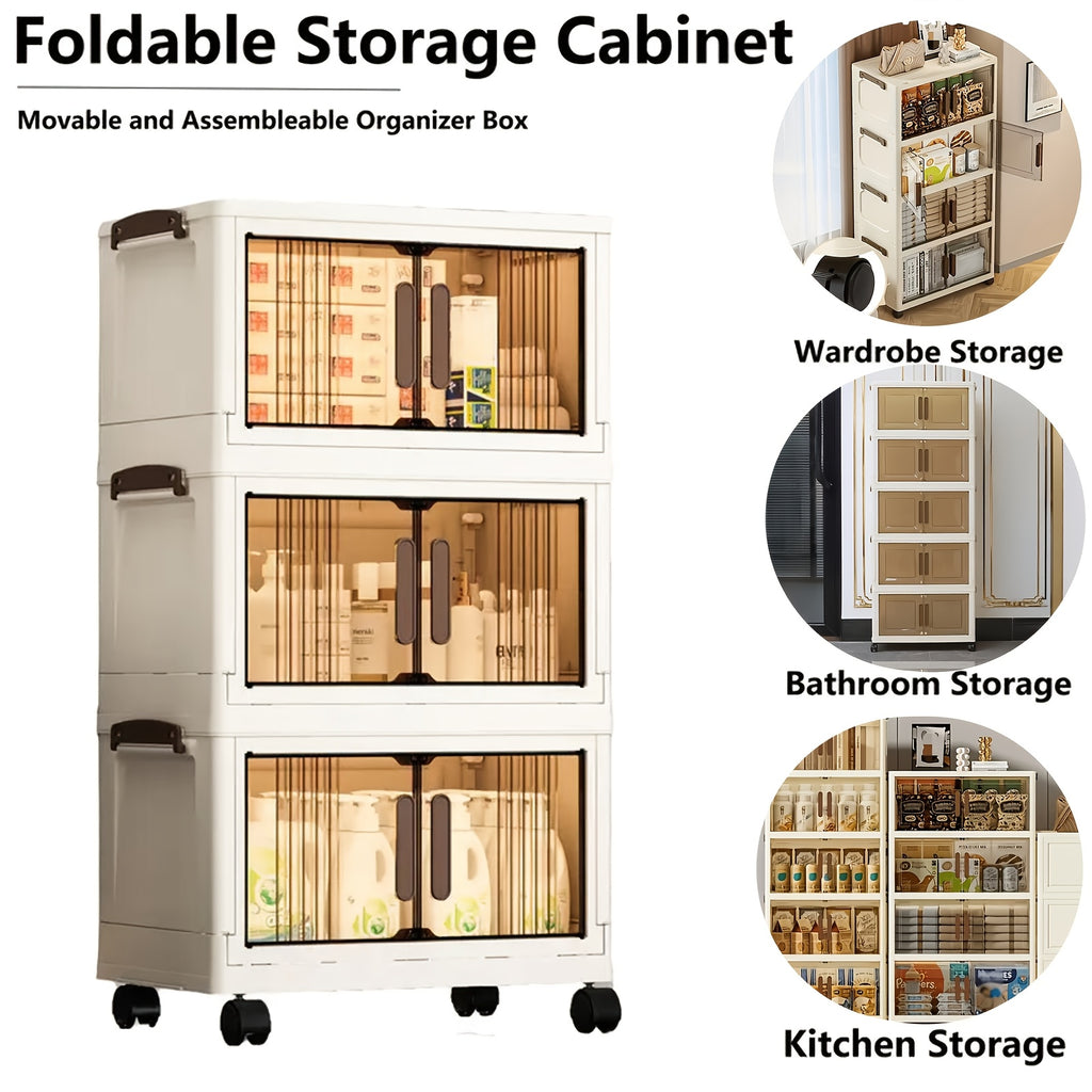 3/4/5 Layer Folding Storage Cabinet - Plastic Storage Bins with Lids, Collapsible Stackable Containers with Wheels, Living Room Storage Boxes, Home Office Clothes Storage Cabinets And Suitcases, Foldable Organizer System for Closet
