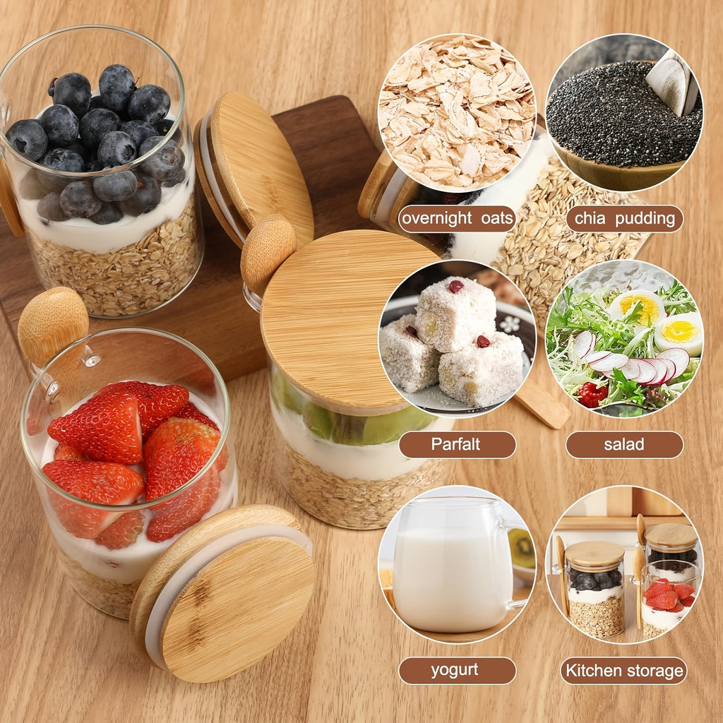 4pcs Local Warehouse 16oz Overnight Oats Glass Jar with Lid, Oatmeal Cup with Spoon, Meal Prep Large Capacity Breakfast Oatmeal Glass Jar Glass Meal Prep Container, Condiment Jar Glass Jar for Storing Oats And Yogurt Perfect Christmas Gift