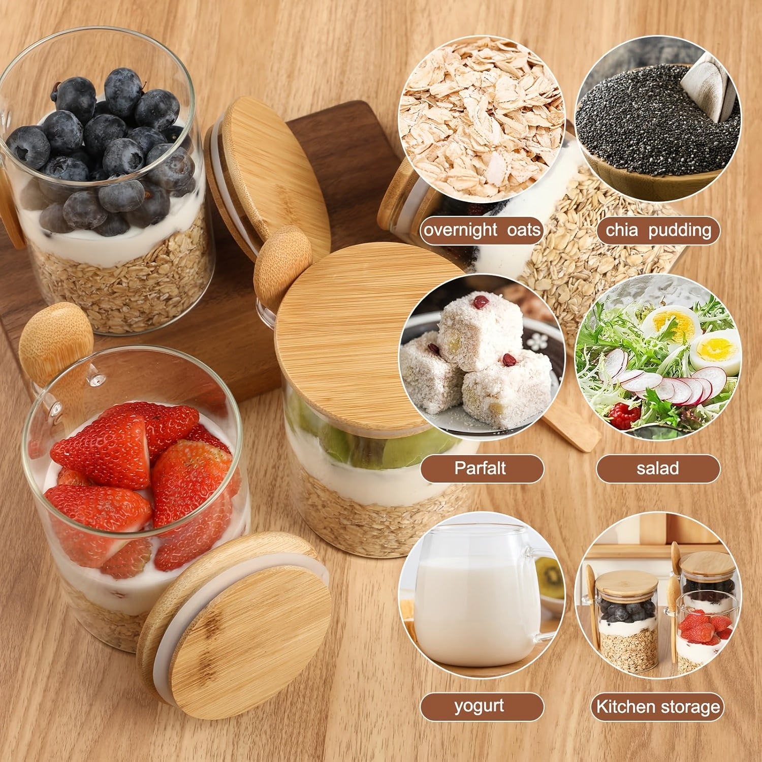4pcs Local Warehouse 16oz Overnight Oats Glass Jar with Lid, Oatmeal Cup with Spoon, Meal Prep Large Capacity Breakfast Oatmeal Glass Jar Glass Meal Prep Container, Condiment Jar Glass Jar for Storing Oats And Yogurt Perfect Christmas Gift
