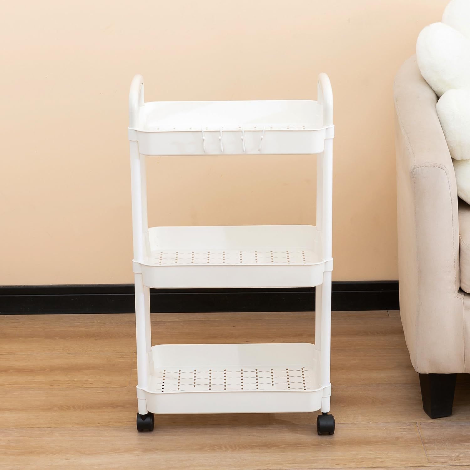 2pcs Rolling Cart with Wheels and Handle,Rolling Storage Cart for Office, Living Room, Laundry Room,Kitchen,Bathroom, Black White