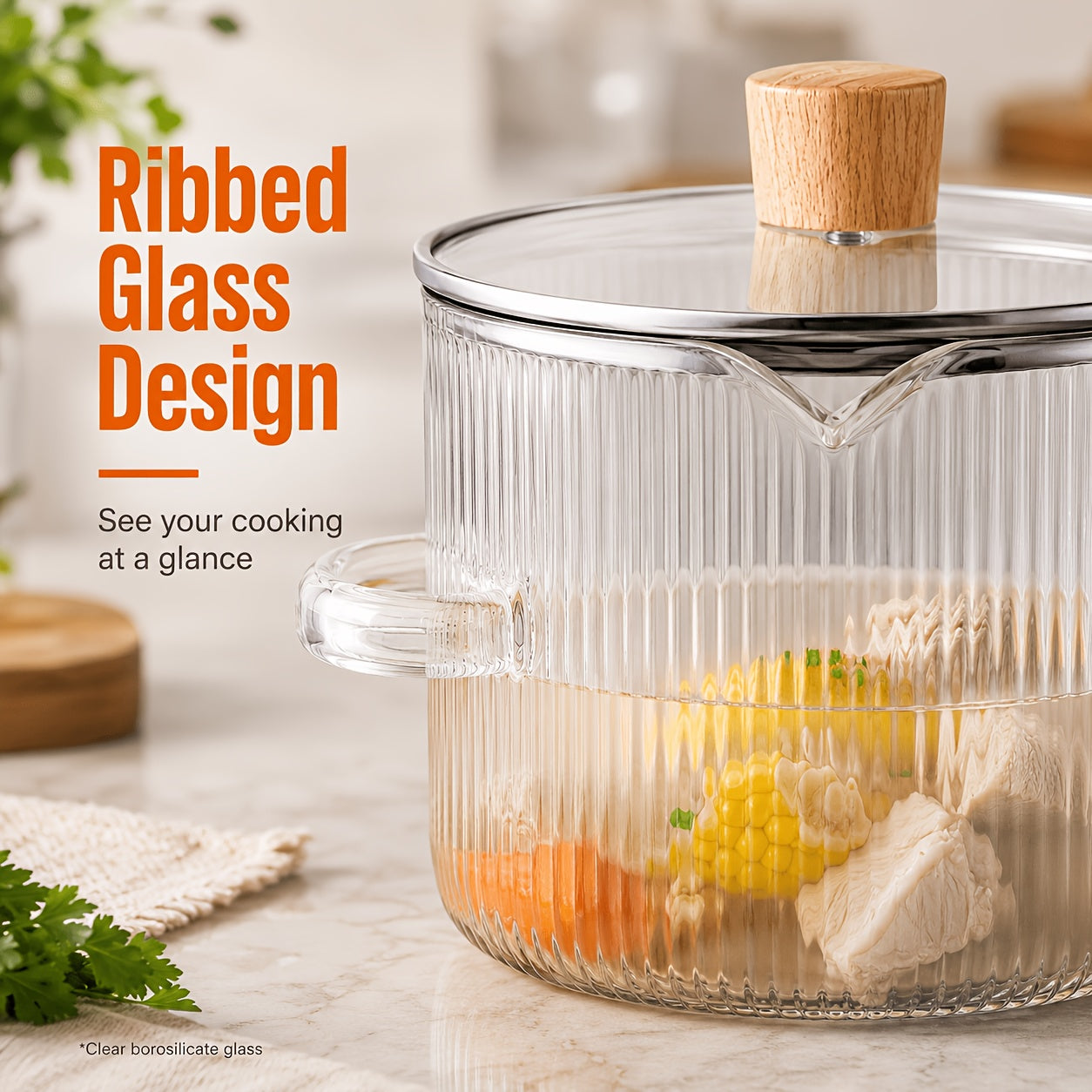 [2-Pack] Stovetop Safe Ribbed Glass Pots with Lids, 78Oz & 54Oz Saucepan for Soup Ramen Milk, Heat Resistant Borosilicate Cookware