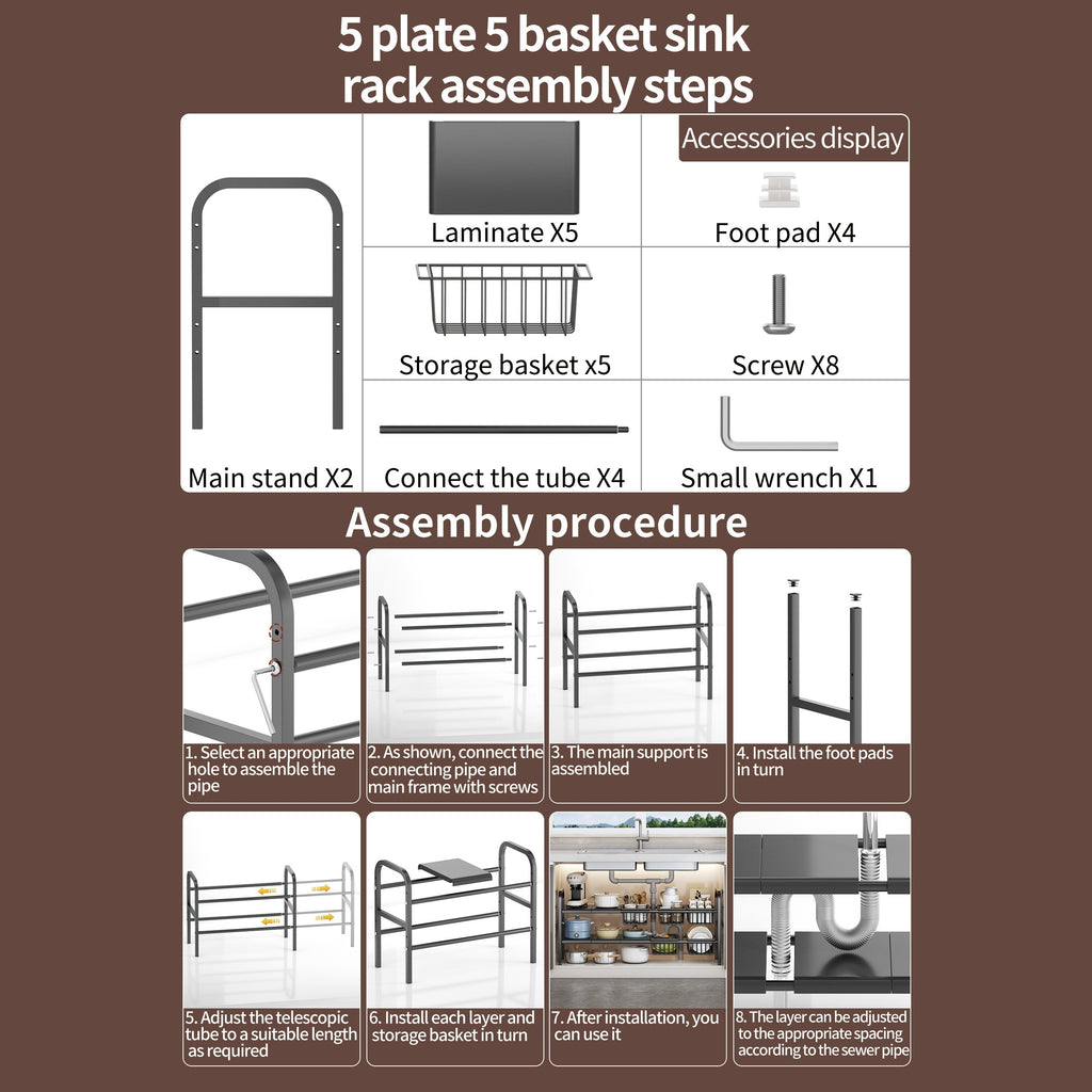 Kitchen Essential – 1 Expandable Under Sink Organizer & Locker 2 Tier Cabinet Shelf Organizer with 5 Removable Panels 5 Baskets for Under Kitchen Bathroom Sink Organizer & Storage.Thanksgivi