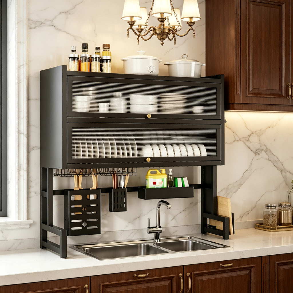 3-Tier Black Metal Kitchen Organizer with Dish Rack, Cutting Board Holder & Utensil Hooks - Over Sink/Countertop Space-Saving Storage for Plates, Bowls - Includes Lid, Spice Containers & Cup Holders - Durable Design for Organized Home Chef Kitchens
