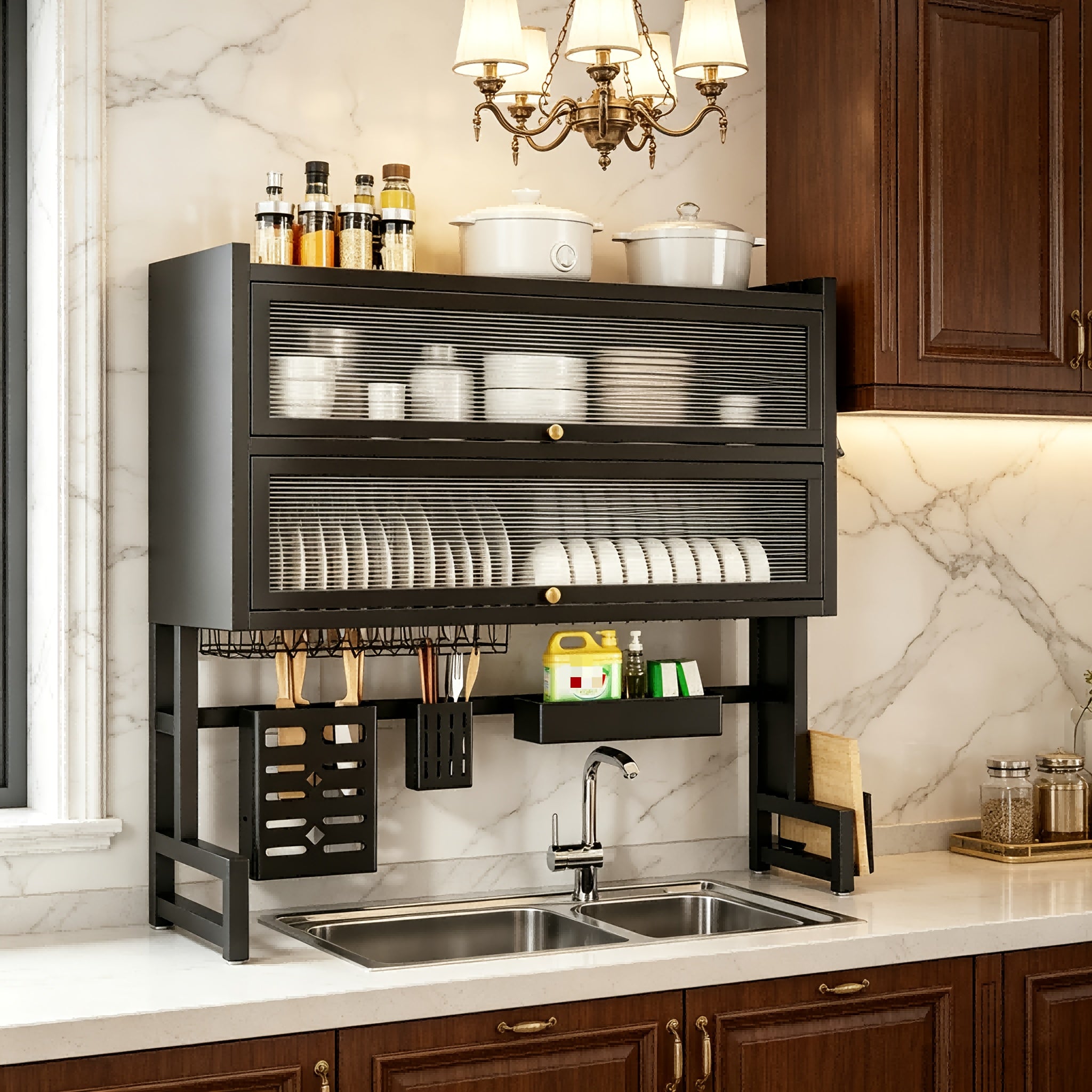 3-Tier Black Metal Kitchen Organizer with Dish Rack, Cutting Board Holder & Utensil Hooks - Over Sink/Countertop Space-Saving Storage for Plates, Bowls - Includes Lid, Spice Containers & Cup Holders - Durable Design for Organized Home Chef Kitchens