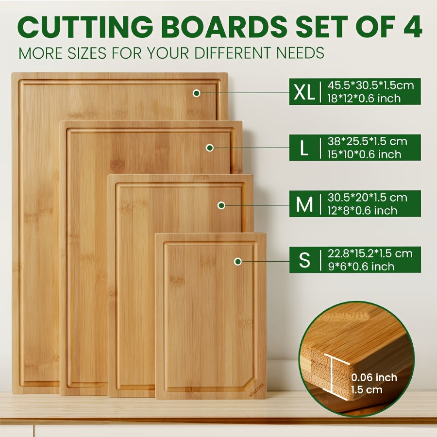 4pcs of Oversized Bamboo Chopping Board Set with Juice Tank Design, Suitable for Durable Chopping Boards for Meat, Vegetables and Fruits. Mother's Day/ Father's Day Gifts, Essential Kitchen Tools for Family and Friends., Fruit Slicing, Oversized
