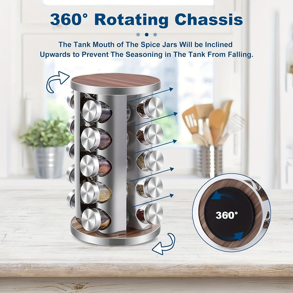 Spice Carousel Set Featuring 20 Spice Jars, Kitchen Spice Organizer for Countertop or Cupboard - Revolving Storage Tower Includes 386 Spice Labels