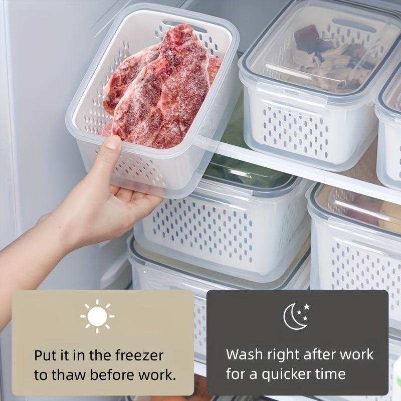 Stackable Fridge Storage Box with Removable Draining Basket, BPA-Free Polypropylene Food-Safe, Ideal for Fresh Kitchen Organization Portable Lunch and Picnic Container, Multi-Functional Food Divider for Fruits Vegetables Meats Grains Salads, Versatile Con