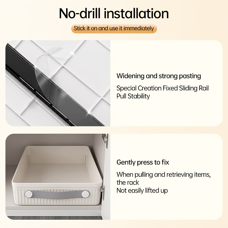 Pull-Out Cabinet Organizer Tray, Heavy-Duty Sliding Drawer with Smooth Steel Ball Bearing Rails, No-Drill Adhesive Installation, Multi-Purpose Storage for Kitchen Cabinets, Pantry, Closet, Under Sink & Home Organization