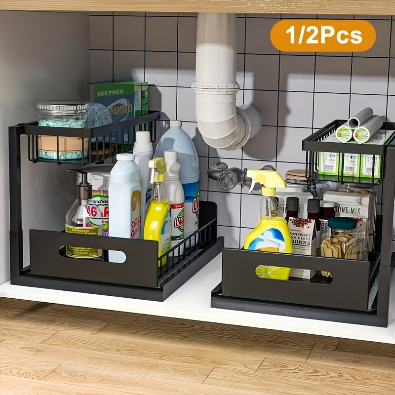 Kitchen Essential – 1/2pcs Kitchen Organizers And Storage, Kitchen Accessories, Utility Racks, Under Sink Organizer, Pull Out Cabinet Organizer, 2 Tier Slide Out Sink Shelf, Cabinet Storage