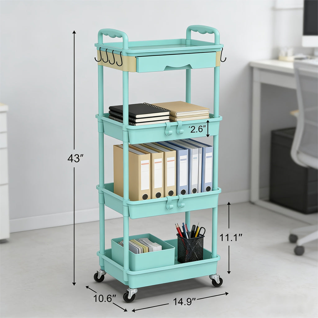 3-Tier and 4-Tier Rolling Utility Cart with Drawers - Multi-functional Storage Organizer with Plastic Shelves and Lockable Wheels, Suitable for Kitchen, Bathroom, Office, Living Room - Available Colors: Black, White, Gray, Pink, Green, Blue