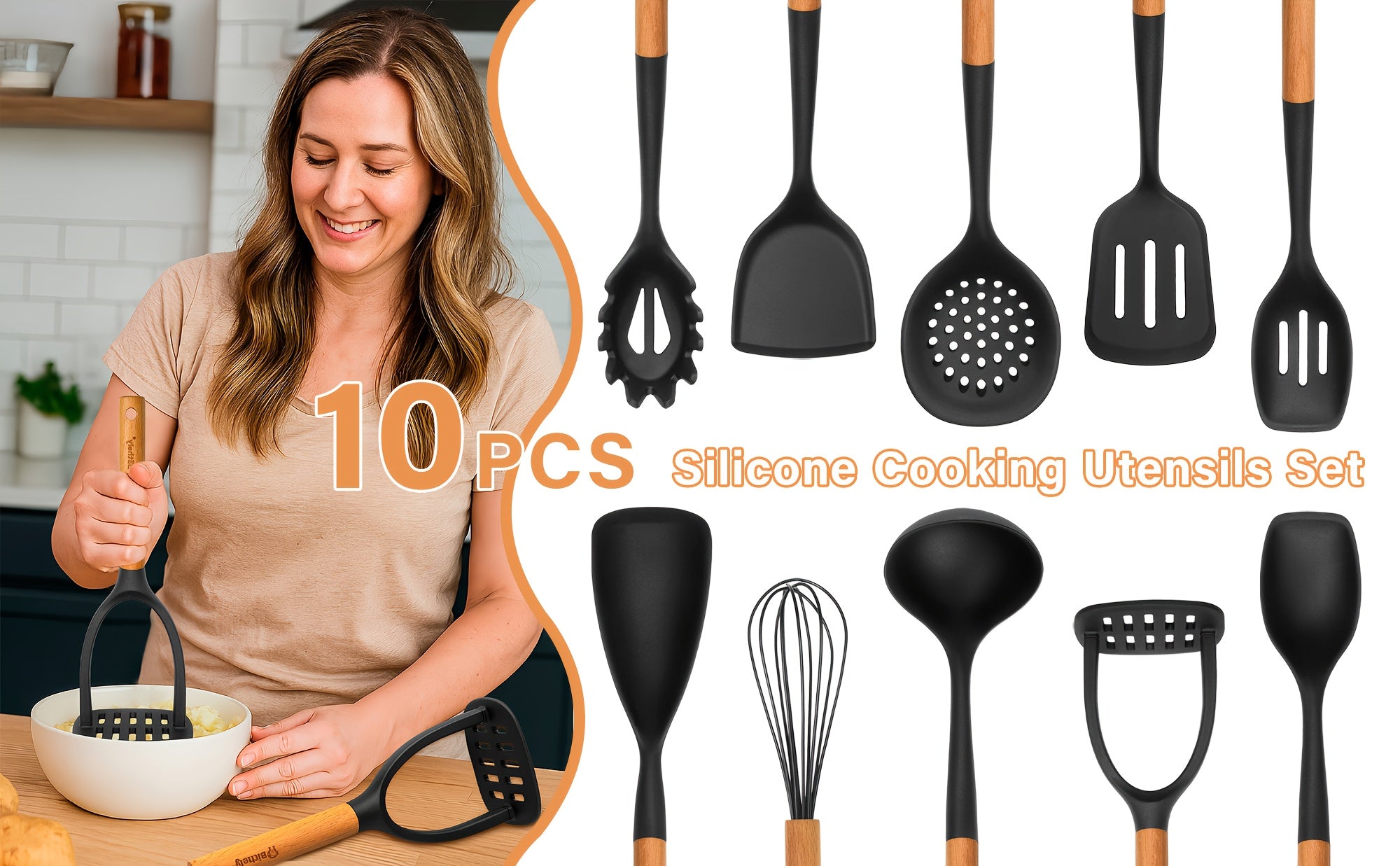 10Pcs Silicone Cooking Utensils Set , Nonstick Kitchen Utensils Set with Wooden Handle, Heat Resistant Spatula Set for Cooking, Heat Resistant Silicone Kitchen Gadgets Tools with Spoons, Spatula Set, Turners
