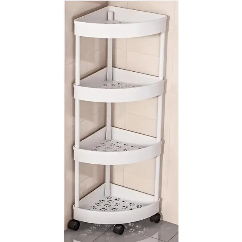 Rotating Wheel Bathroom Corner Shelf, Fan-Shaped Three-Layer Storage Rack, Space-Saving 90 ° Corner Design, Thickened And Elevated, Hollow Drainage, Plastic Material, Suitable for Bathroom, Kitchen, Bedroom, Living Room, Utility Racks