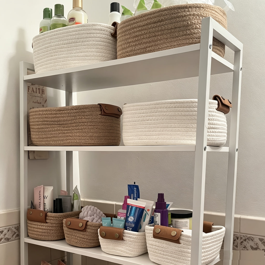 Compact Stackable Home Storage Bins – portable space-saving storage, Rectangle Woven Baskets for Storage Handwoven Cotton Rope Storage Basket with Leather Handles -, designed for American homes, daily convenience and practical gifting