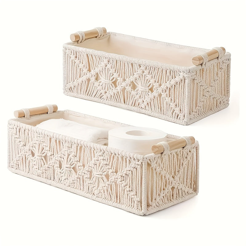 2/4pcs Bohemian Hand-woven Storage Basket In Textile Material With Grid Design Desktop Organization Box For Home And Office