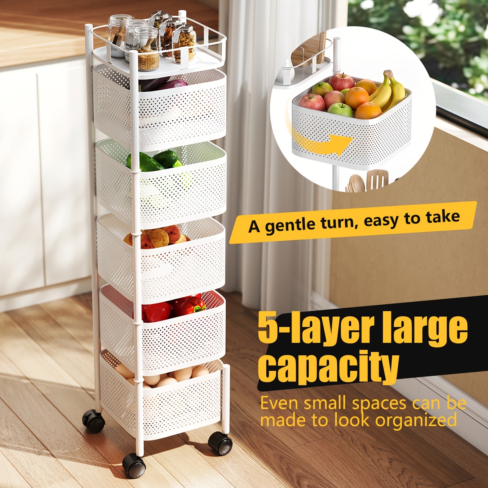 Modern 1pc Adjustable Home Storage Rack – durable multi-purpose storage, 1pc Heavy-Duty 5-Tier Rotating Mobile Storage Cart with Spinning Shelves Floor-Standing Base Suitable for, designed for American homes, daily convenience and practical gifting