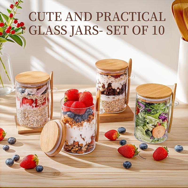 10pcs Glass Jars with Lids & Spoons - Airtight Sealed Containers Suitable for Spices, Salt, Sugar Storage, Lid & Spoon Lid for Camping, Picnic, BBQ, Restaurant Use - Tableware for and Commercial Use