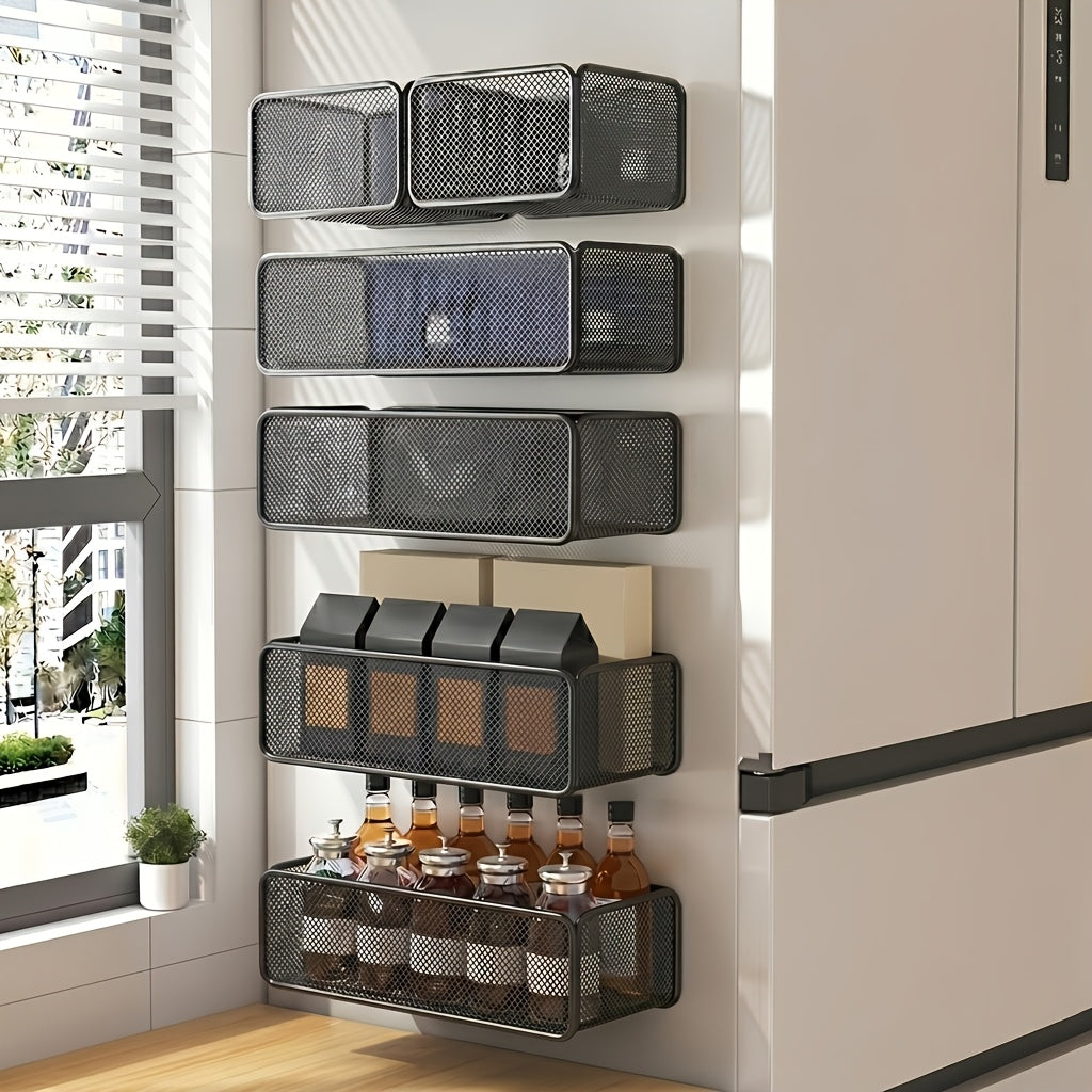 3-Pack Magnetic Storage Organizer 2 Small And 1 Large, Strong Magnet No Drill Wall Mount Basket, Metal Mesh Fridge Storage Rack, Kitchen Spice Organizer, Multi-Use Holder for Refrigerator Washing Machine Coffee Machine Home Wall Storage