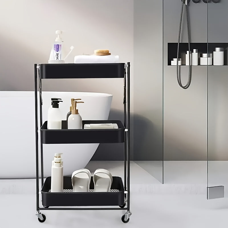 1pc Foldable 3-Tier Metal Rolling Cart, No Assembly Required, Space-Saving Foldable Storage Cart for Floor Use, Cabinet Shelf Organizer In Black, Ideal for Office, Study Room And More, Office Supplies Storage, Office Supplies And Accessories Father's