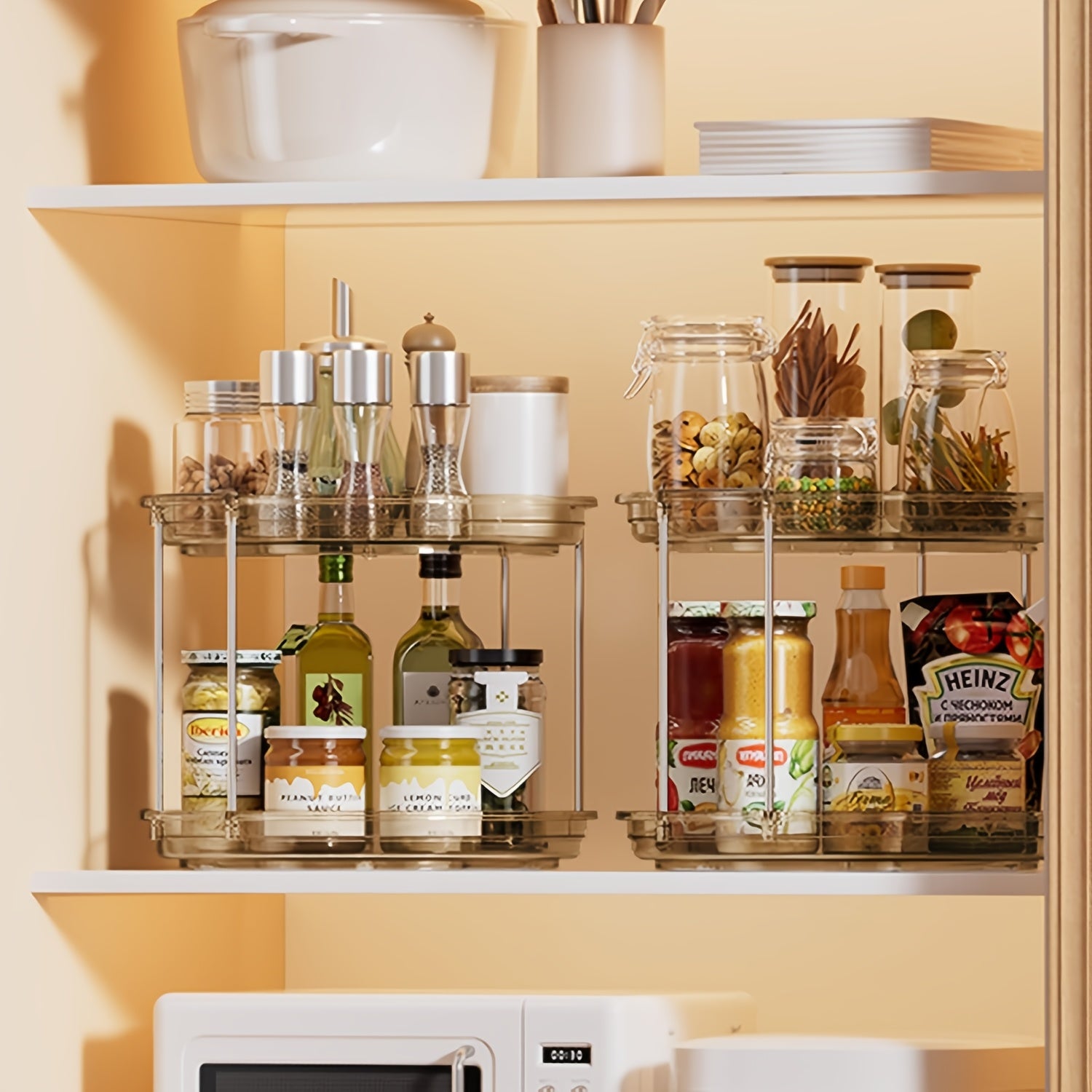 Kitchen Essential – A 2-Tier Rotating Multifunctional Countertop Turntable Designed for Storing Seasonings And Cosmetics, Featuring a 360-Degree Rotation And an Anti-Slip Base, Ideal for Use