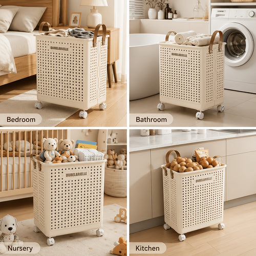 15.8/20GaA Large Foldable Wheeled Laundry Basket (Multiple Sizes Available) Without Lid - Faux Leather, Solid Color, Versatile Folding Portable Laundry Basket for Bathroom and Balcony Storage, Laundry Bag, Laundry Room Accessories, Laundry Baskets