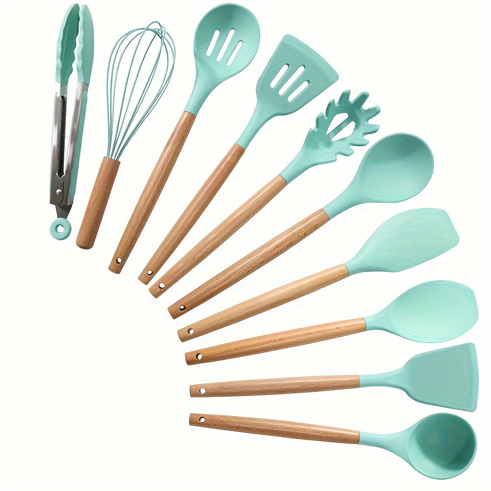 Kitchen Essential – 10pcs Silicone Kitchenware Set, High-temperature Non-stick Cooking Tool Kit, Including Wooden Handle Spatula, Flipper, Soup Spoon, Clamp, and Egg Beater for Modern US Hom