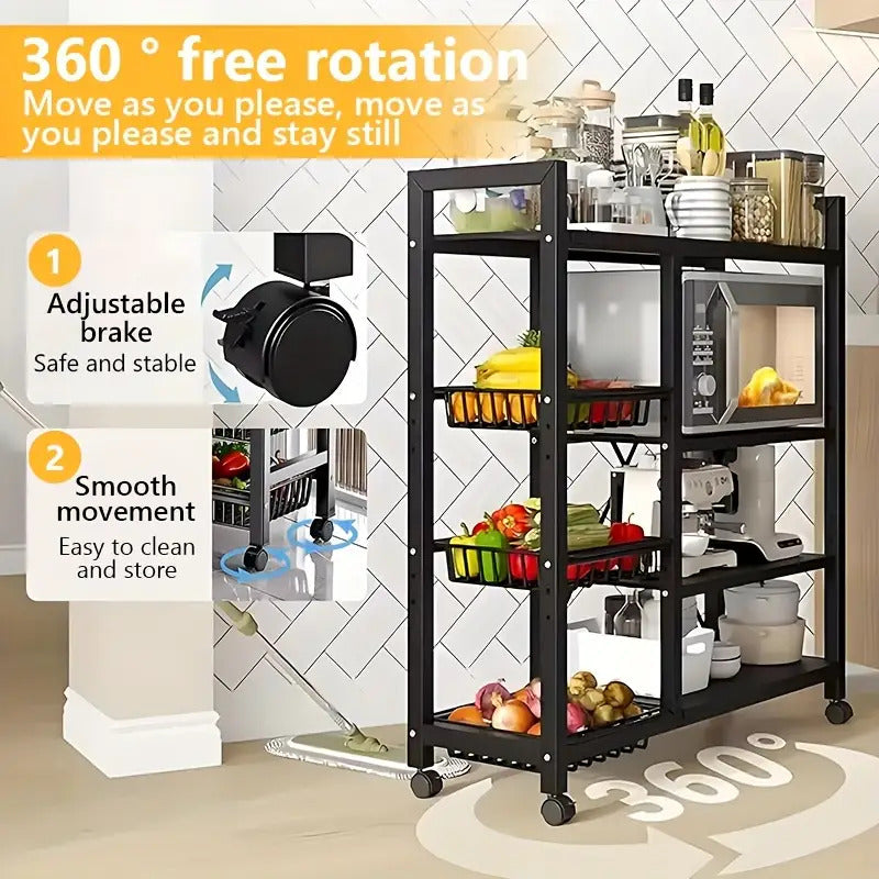 BCNVDUS Three-Layer Heavy-Duty Metal Kitchen Storage Rack with 360° Rotating Wheel - Freestanding Mobile Appliance, Bottle, Container Storage Rack - Easy-To-Clean Open Mesh Basket, Space-Saving Floor Design, Kitchen Organization And Storage