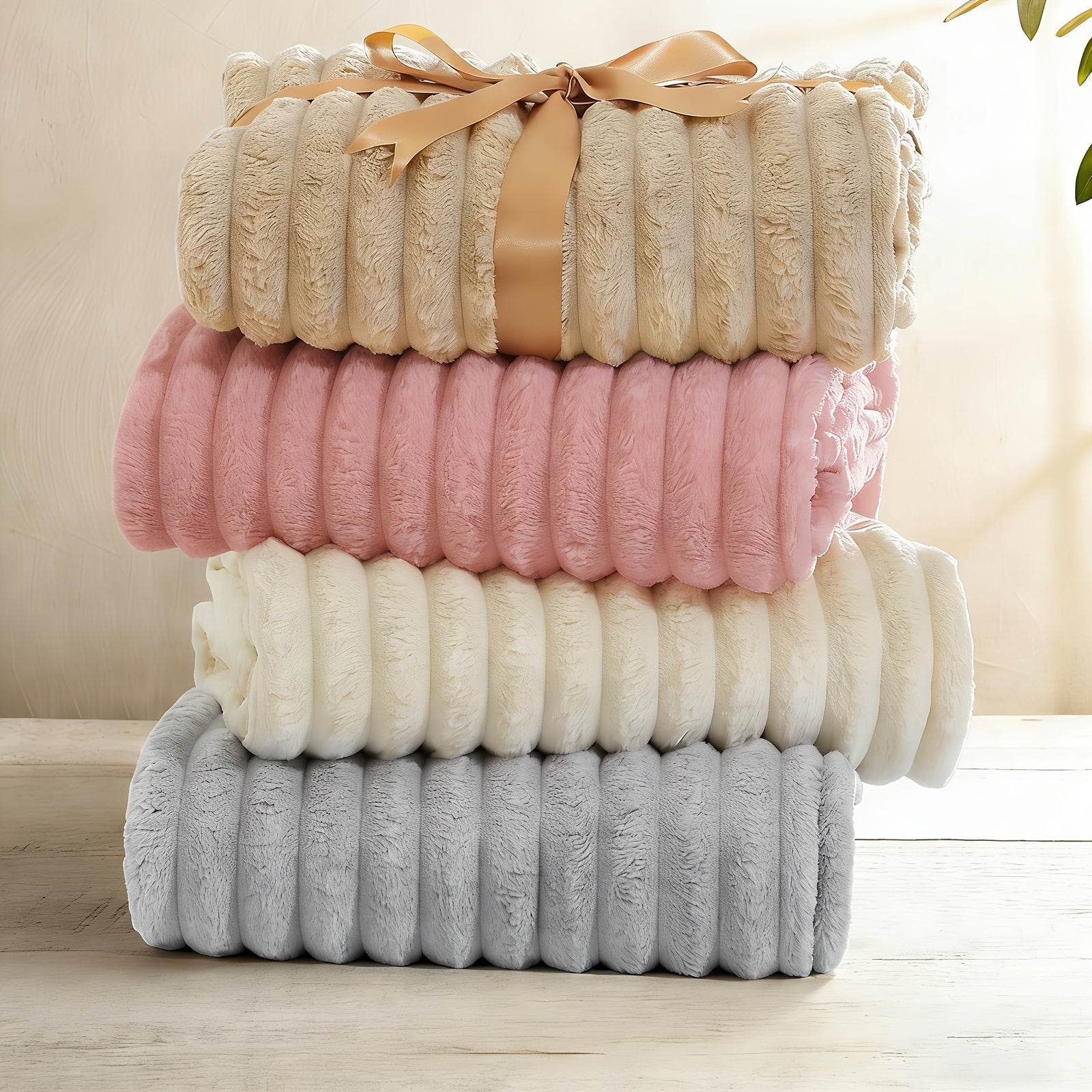 Versatile Cozy Home Textile Accent – comfortable everyday home styling, Luxurious Double-Sided Faux Rabbit Fur Throw Blanket - Cozy Striped Flannel Soft And Warm, designed for American homes, daily convenience and practical gifting
