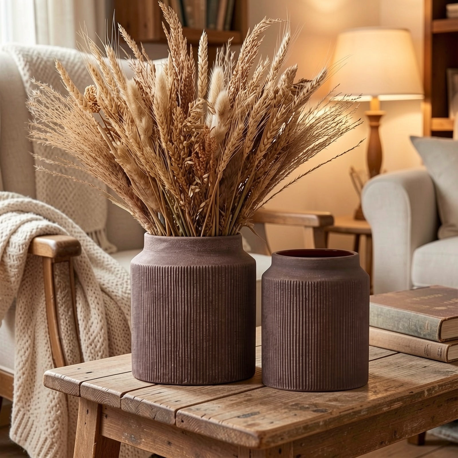2pcs Ceramic Flower Vase, Rustic Ceramic Vase Home Decor, Brown Terracotta Pottery Vase, Decorative Vases for Table Mantle Fireplace Living Room Bathroom Wedding Centerpiece