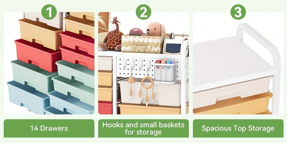 Space-Saving Pull-Out Cabinet Organizer – smooth-access cabinet organization, TOOLF 14-Drawer Rolling Storage Cart with Tabletop Pegboard Mobile Utility Cabinet on Wheels -, designed for American homes, daily convenience and practical gifting