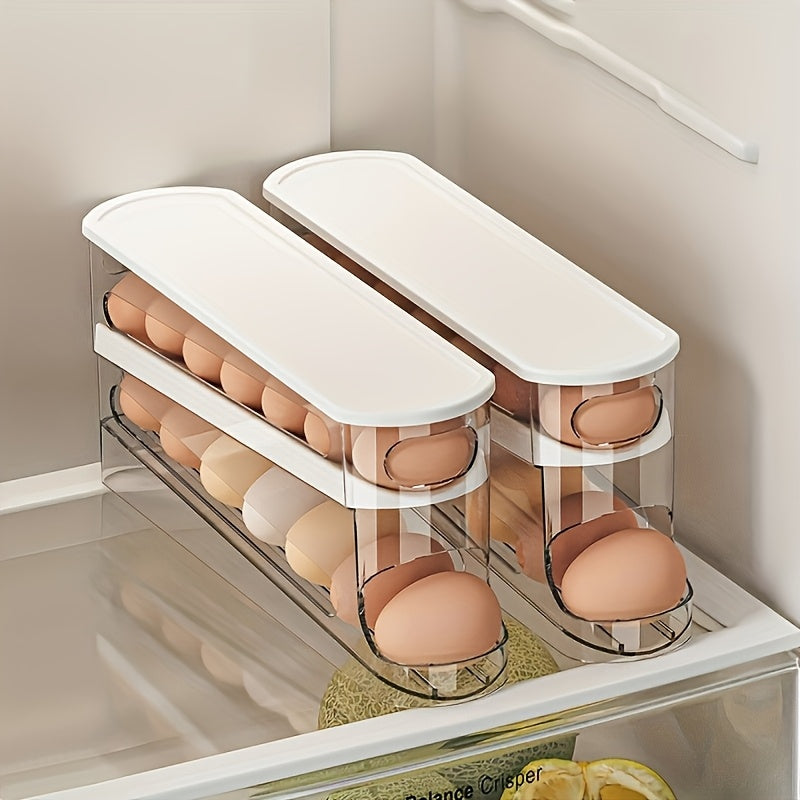 Automatic Rolling Sliding Egg Rack, Space-Saving Design with Easy Access Sliding Tiers And Transparent Compartment, for Kitchen And Refrigerator Storage, Durable No Batteries Required