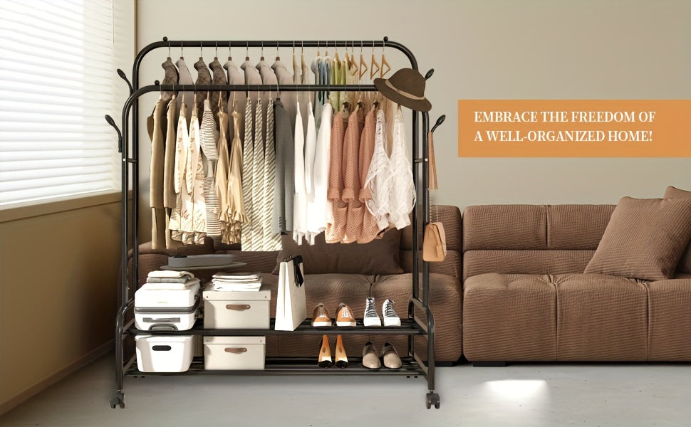 Heavy-Duty Adjustable Home Storage Rack – durable multi-purpose storage, Sturdy Metal Double Rodding Clothes Rack with Wheels Portable Clothing Rack with Shelves Hooks, designed for American homes, daily convenience and practical gifting