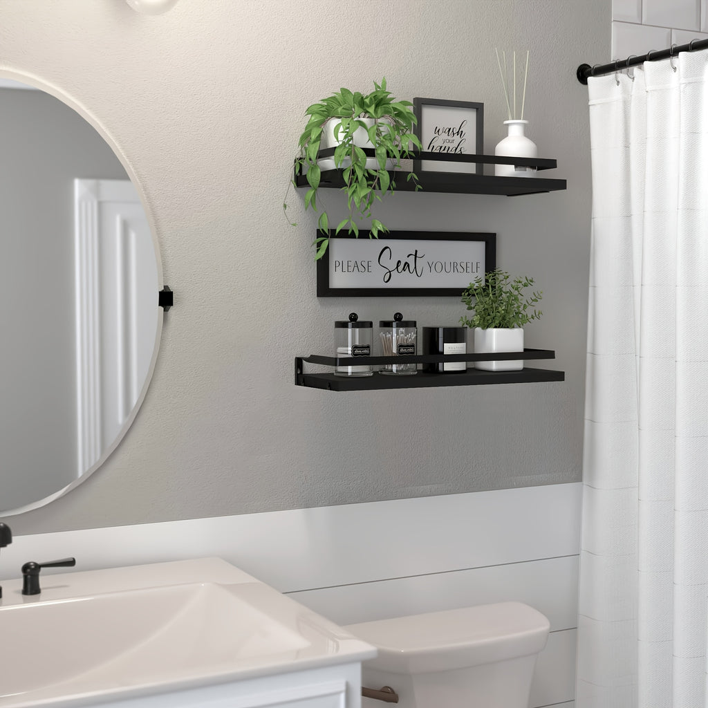 3-Tier Floating Shelves for Wall Decor | Black Metal Guardrail, Over Toilet with Storage Basket, Suitable for Bedroom, Living Room, Kitchen and Bathroom
