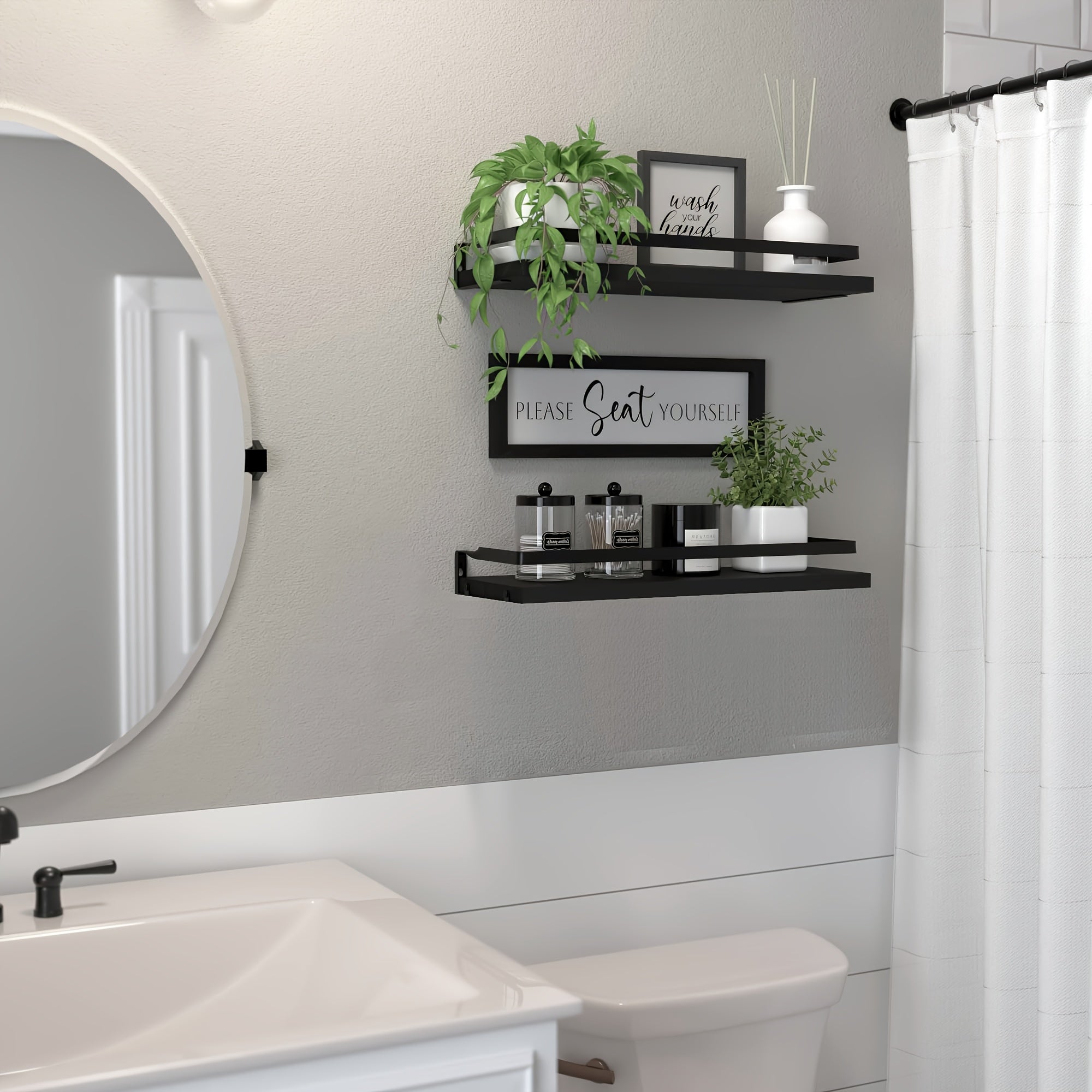 3-Tier Floating Shelves for Wall Decor | Black Metal Guardrail, Over Toilet with Storage Basket, Suitable for Bedroom, Living Room, Kitchen and Bathroom