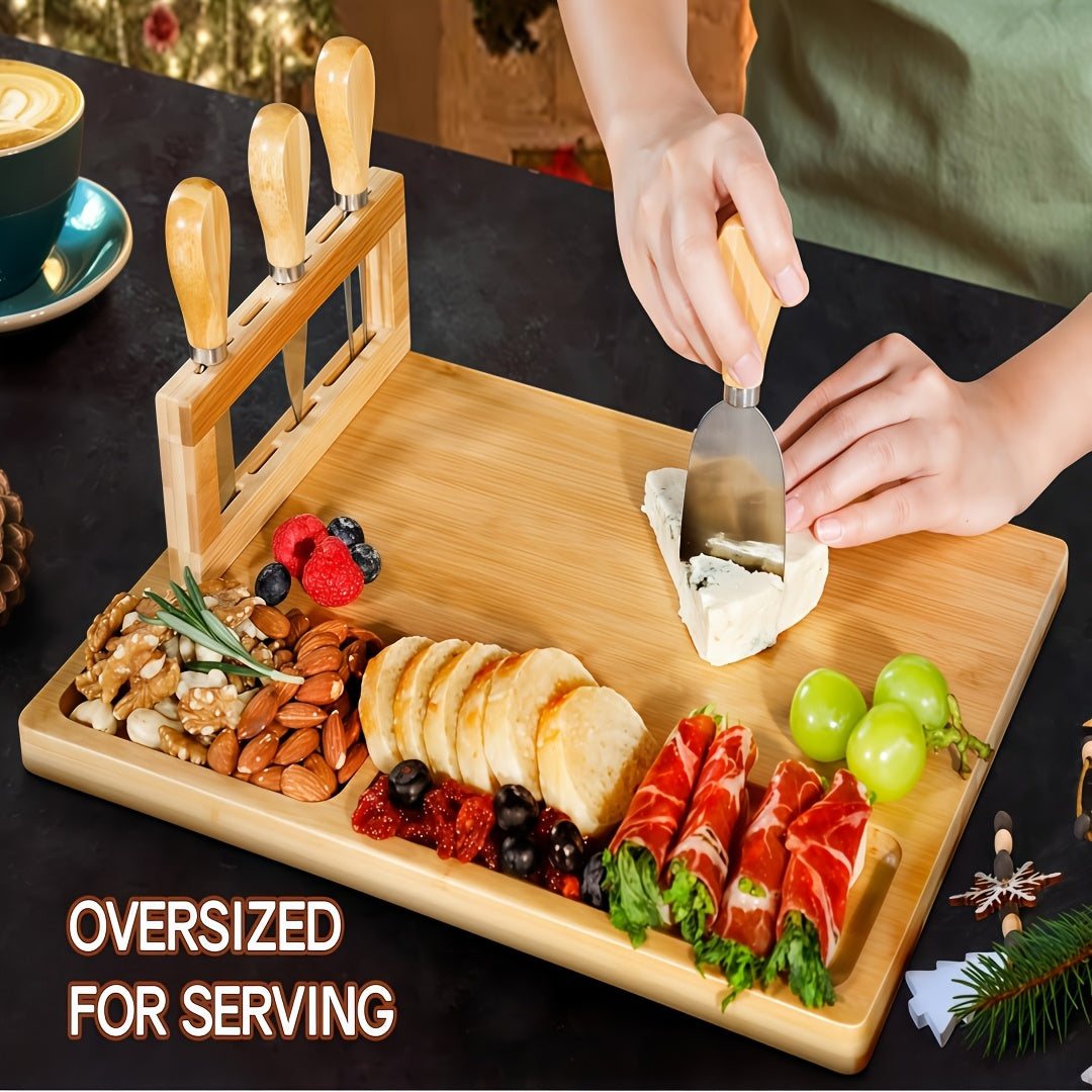 Compact Home Storage Organizer – space-saving everyday organization, Bamboo Charcuterie Board Set with 4 Stainless Steel Knives Magnetic Holder - Large Divided, designed for American homes, daily convenience and practical gifting