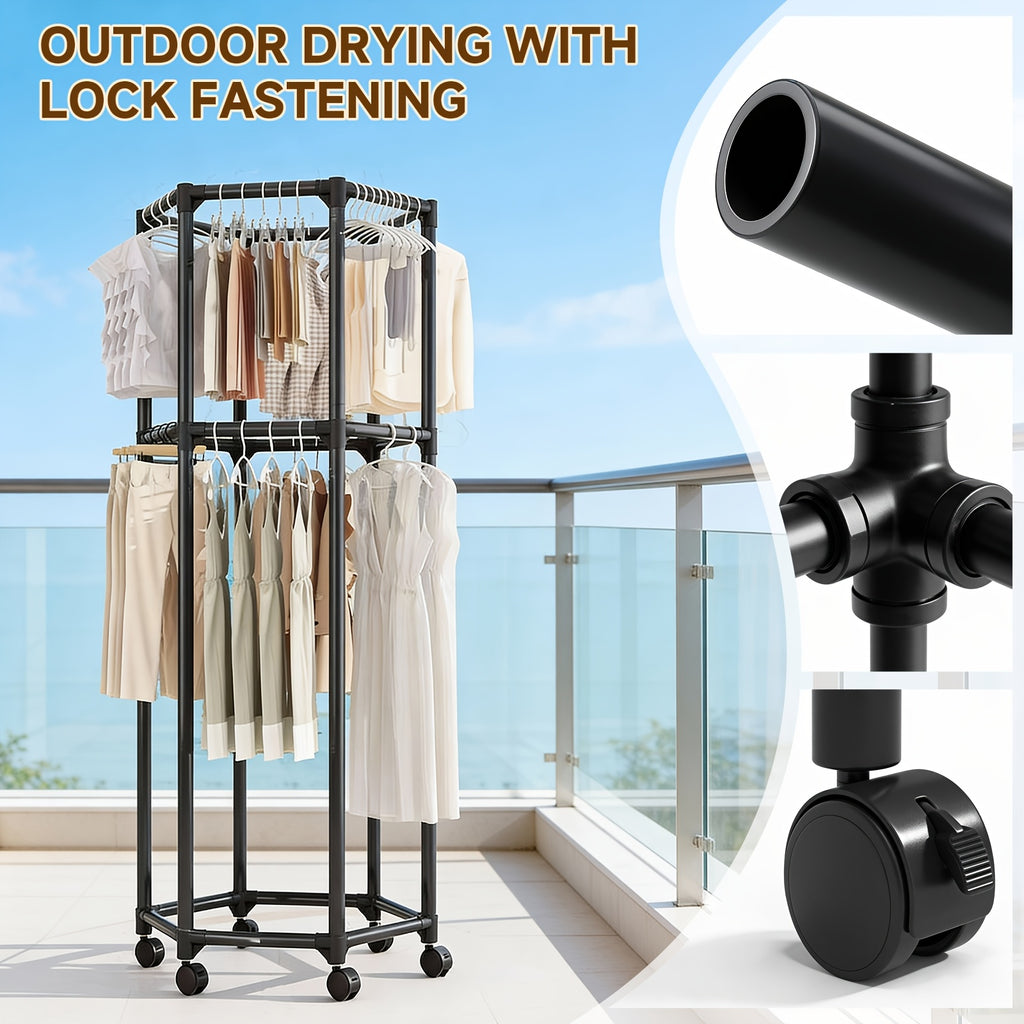 Compact Adjustable Home Storage Rack – durable multi-purpose storage, Rotating Clothing Rack with Wheels Heavy Duty Metal Garment Rack for Hanging Clothes Multifunctional, designed for American homes, daily convenience and practical gifting
